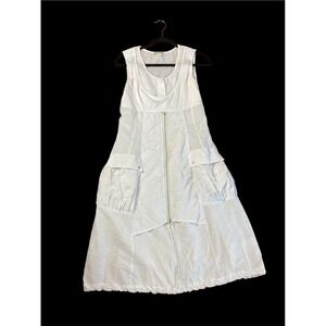 Dolcezza White Crinkle Nylon Cotton Artsy Athletic Midi Dress Big Pockets Small